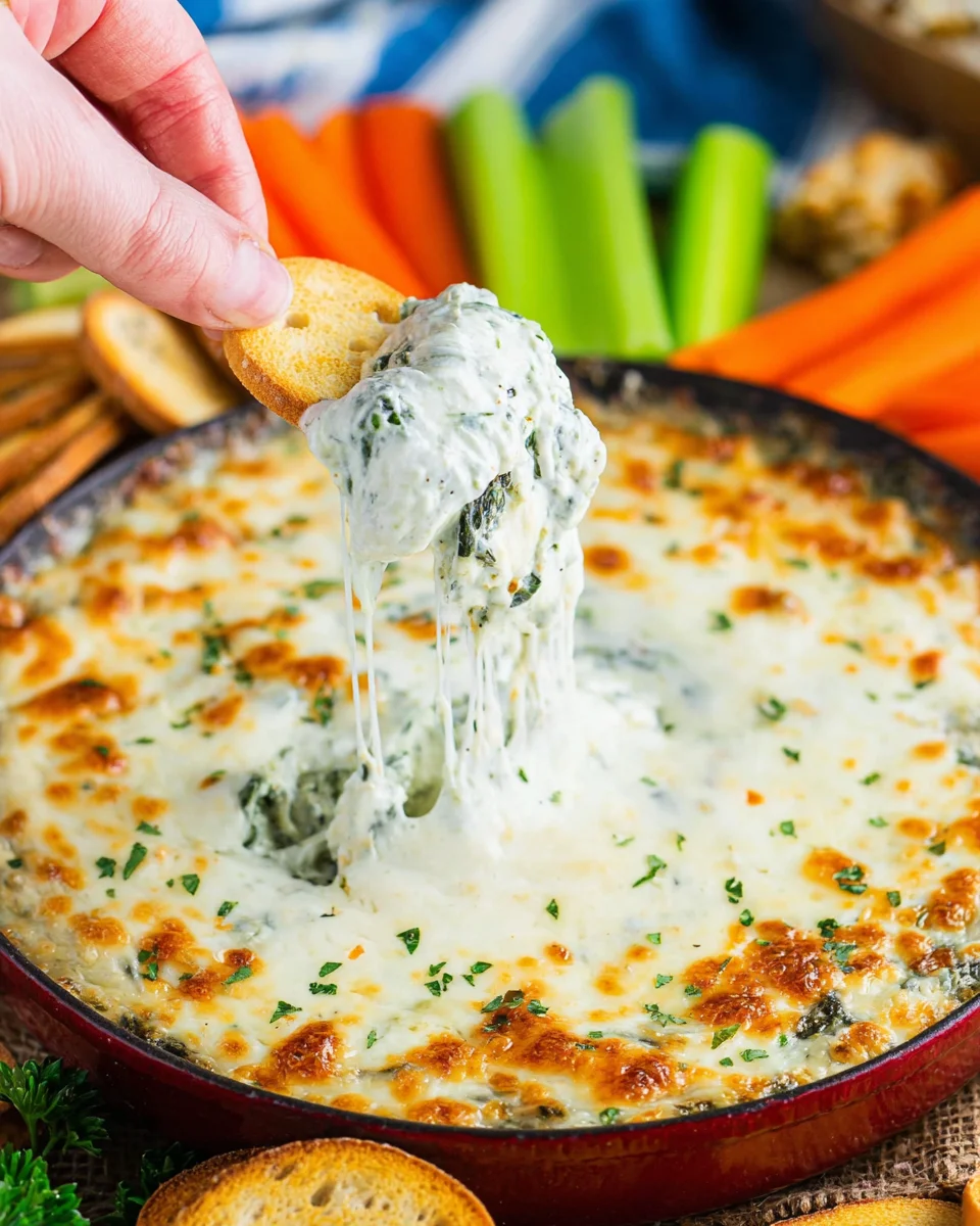 A slice of bread scooping up a serving of spinach artichoke dip.