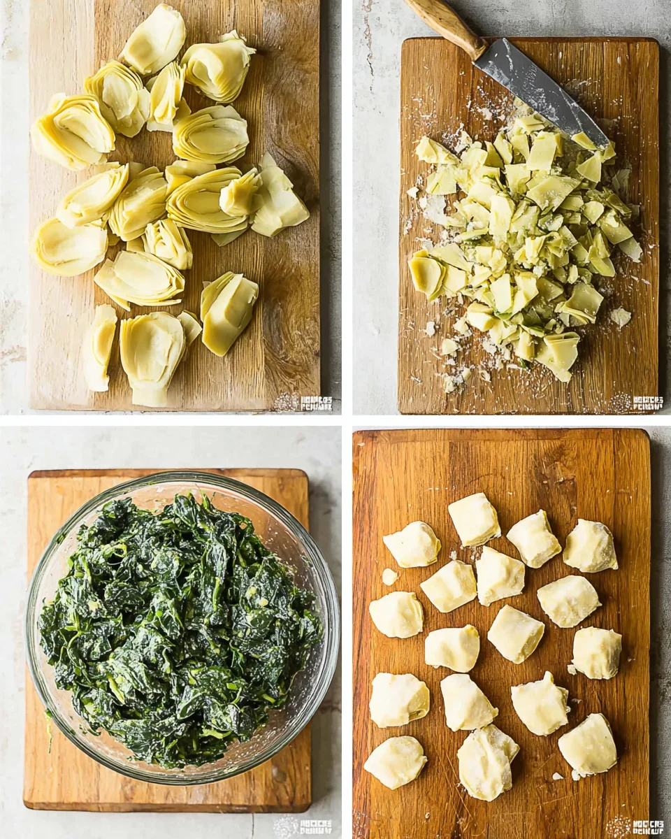 Four images grouped: first two are canned artichokes whole then chopped. Third is chopped frozen spinach, fourth is chunks of softened cream cheese.