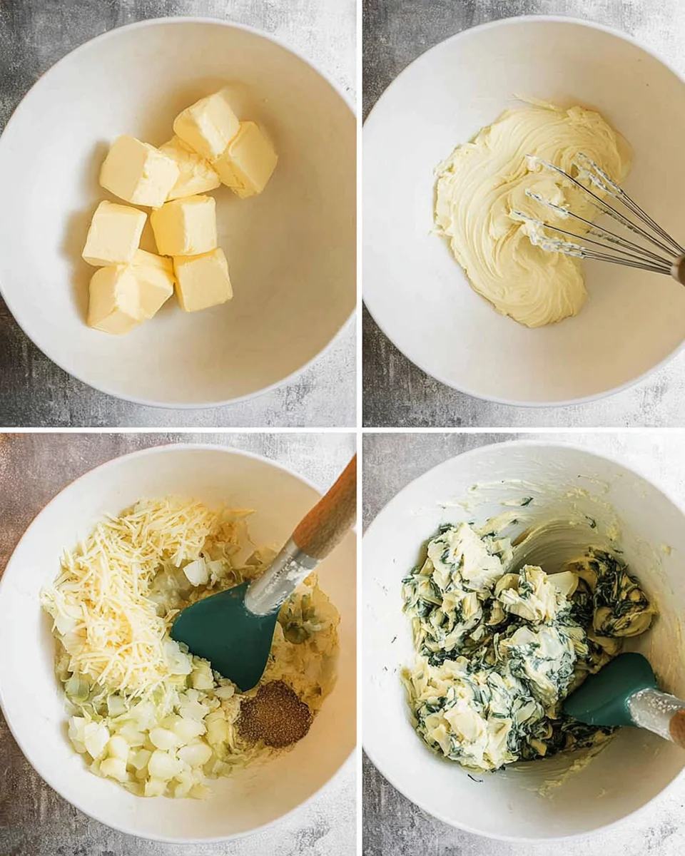Four images grouped of a large white bowl, first has chunks of parmesan, second is creamed cream cheese, third has shredded cheese, spinach, chopped artichokes and spices dumped in. Fourth is ingredients cooked.