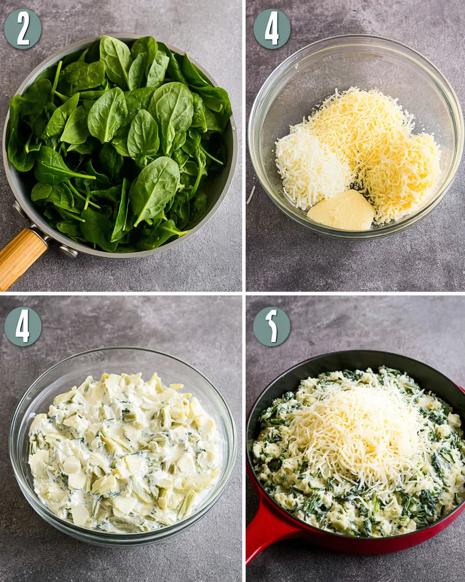 Step by step process shots showing how to make spinach artichoke dip.