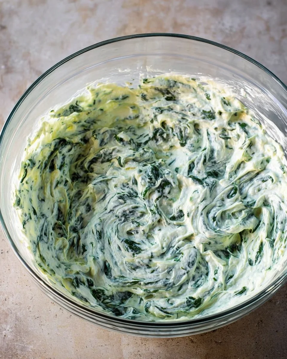 A blend of cheeses, cooked spinach and sour cream all mixed together.