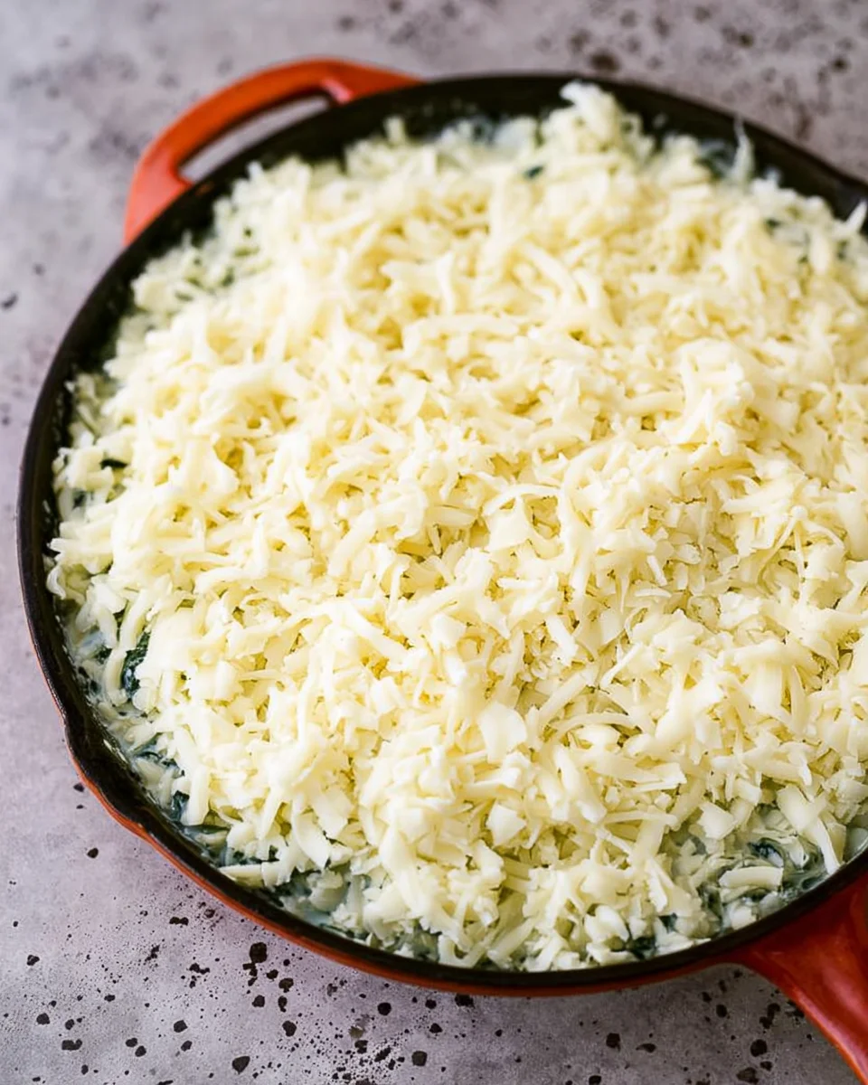A skillet of unbaked spinach dip topped with shredded cheese.