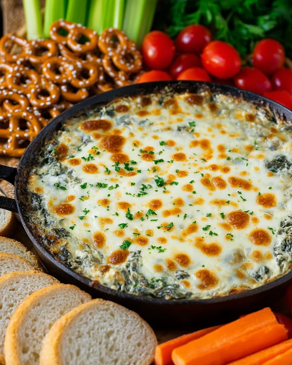 A skillet of hot spinach dip garnished with parsley and served with crackers, bread and vegetables.