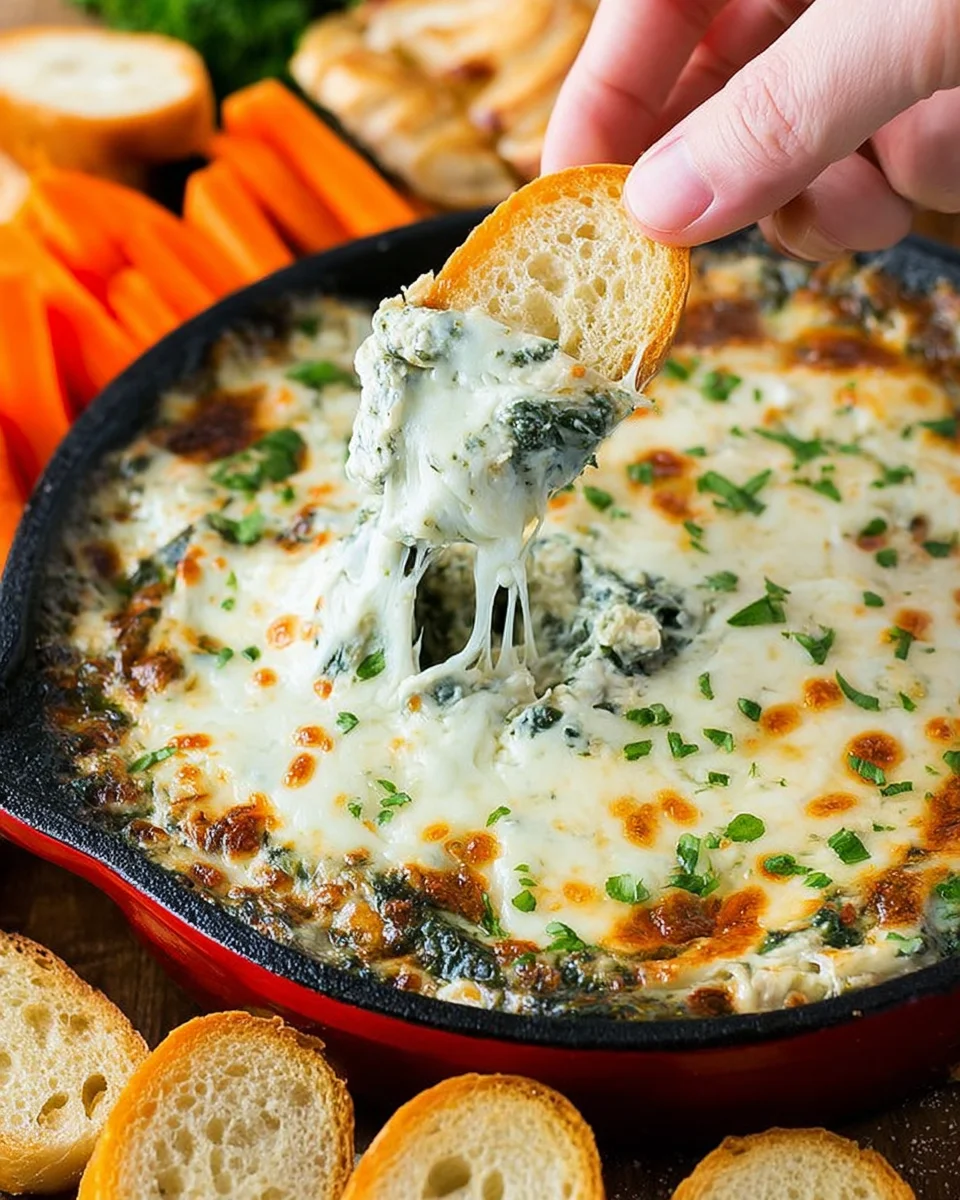 A piece of bread scooping into a pan of spinach dip.