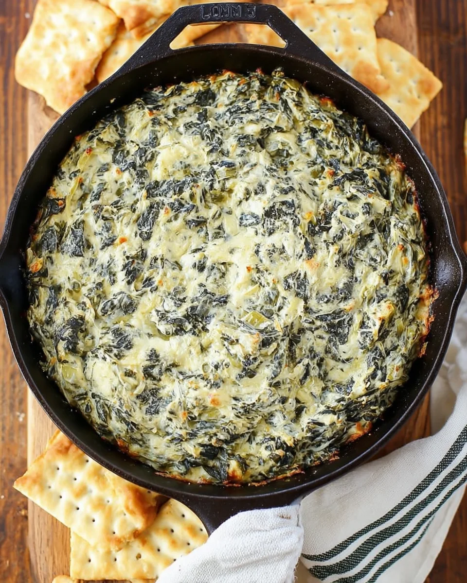 spinachartichokedip-4.jpg hot spinach artichoke dip in a skillet on a table