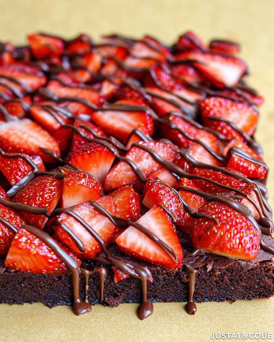 strawberry-brownies-recipe.jpg The best fudge brownies topped with sliced strawberries drizzled with chocolate