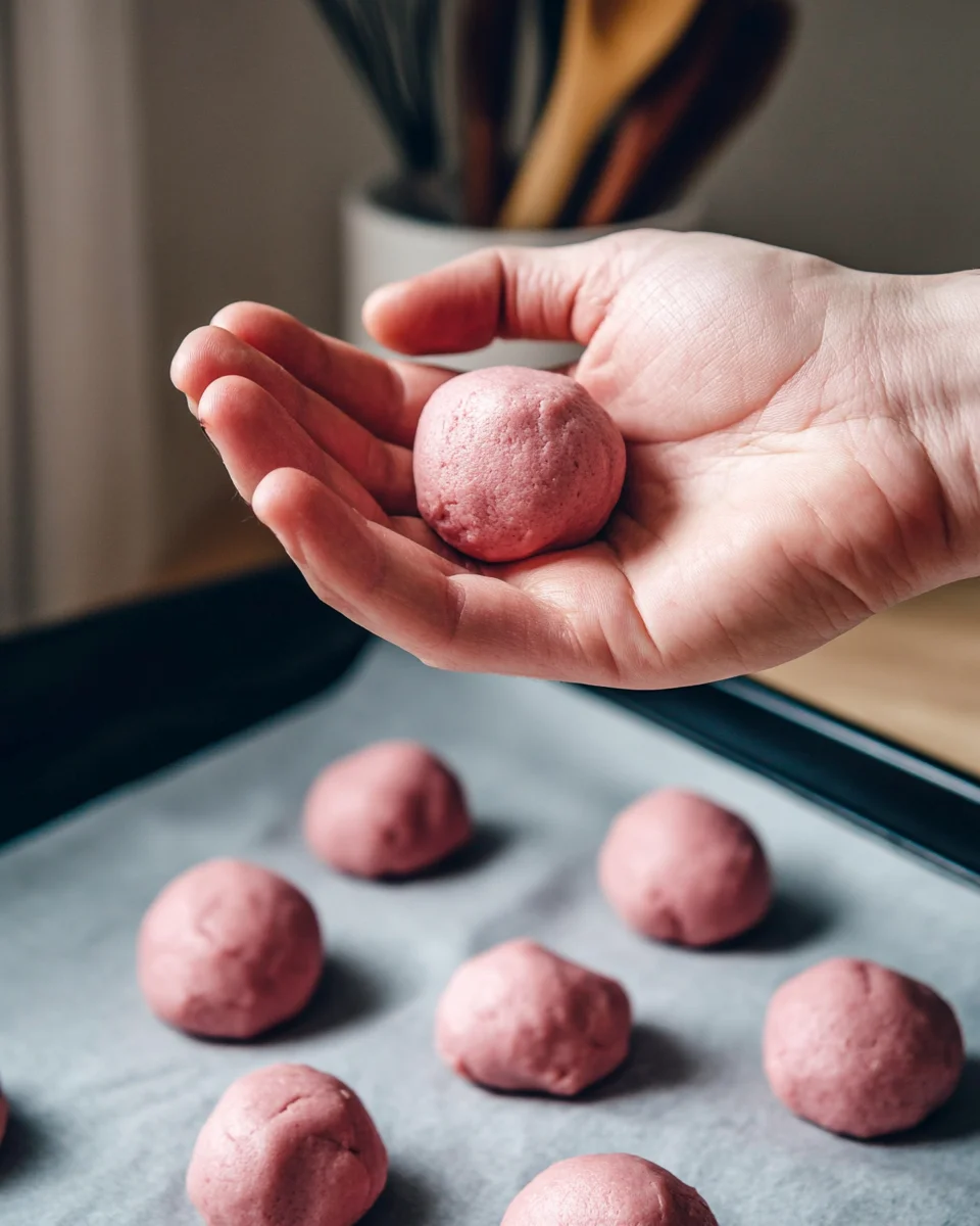 A hand holding a raw pink cookie dough ball above a baking sheet lined with parchment paper. The dough is a vibrant pink, giving a sneak peek of the delightful Strawberry Kiss cookies before baking.