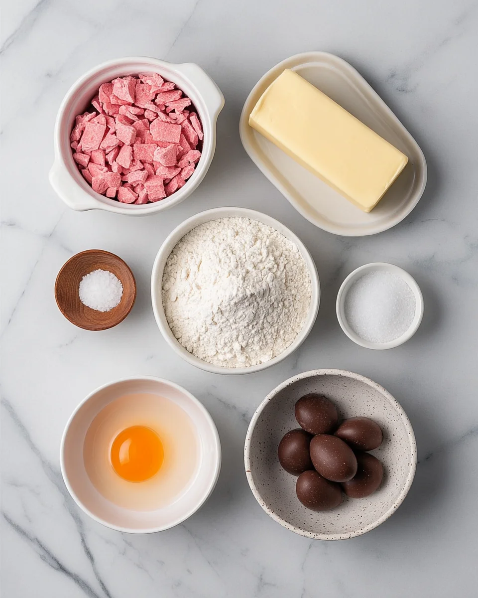 Overhead shot of key ingredients for Strawberry Kiss cookies laid out on a marble countertop, including flour, an egg, butter, strawberry mix, sugar, and chocolate Kisses. This setup is visually clean and organized, making it easy to follow for home bakers.