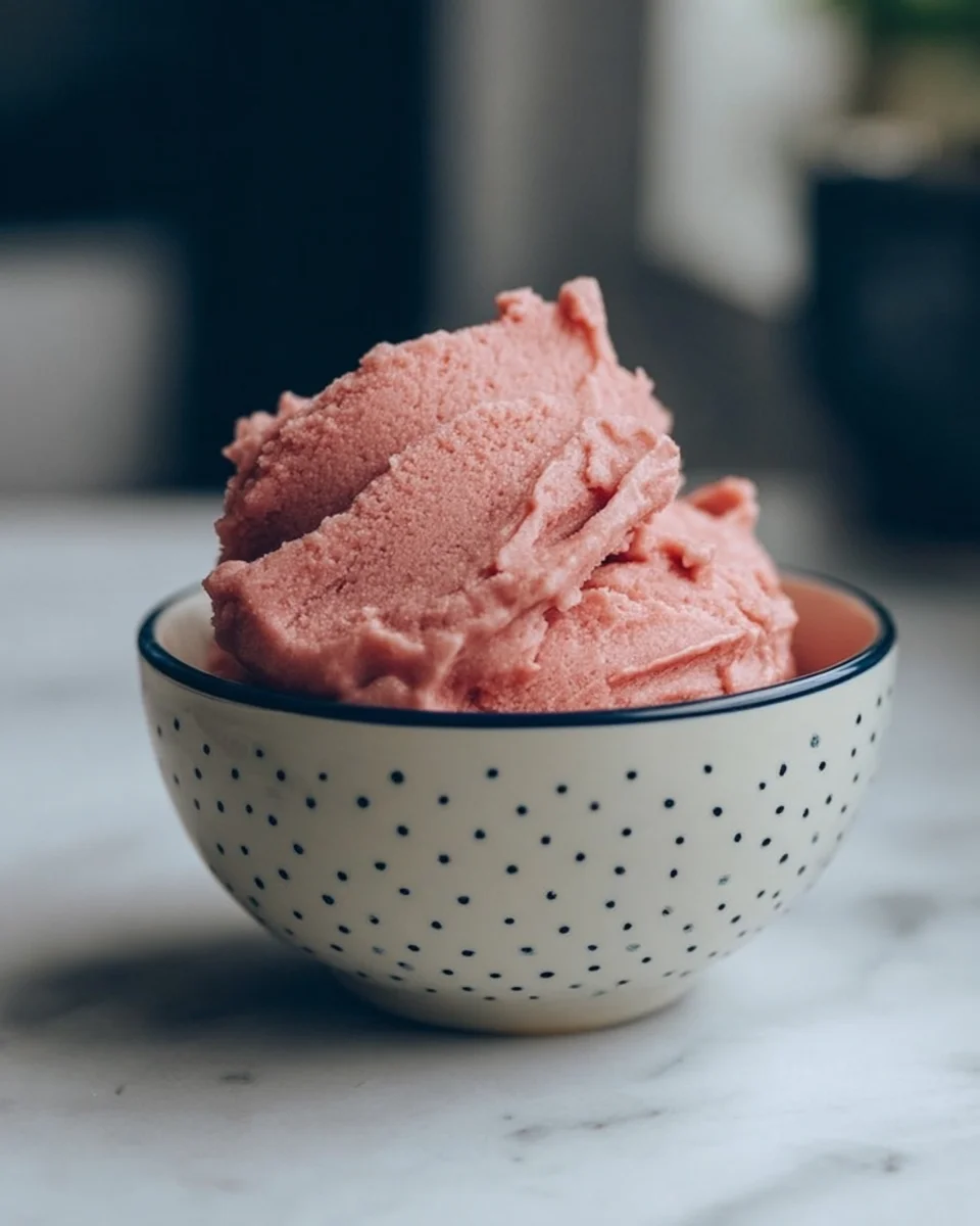 A bowl filled with pink cookie dough, ready to be shaped into Strawberry Kiss cookies. The smooth, vibrant dough contrasts nicely with the speckled design of the ceramic bowl, creating an appealing visual for baking enthusiasts.