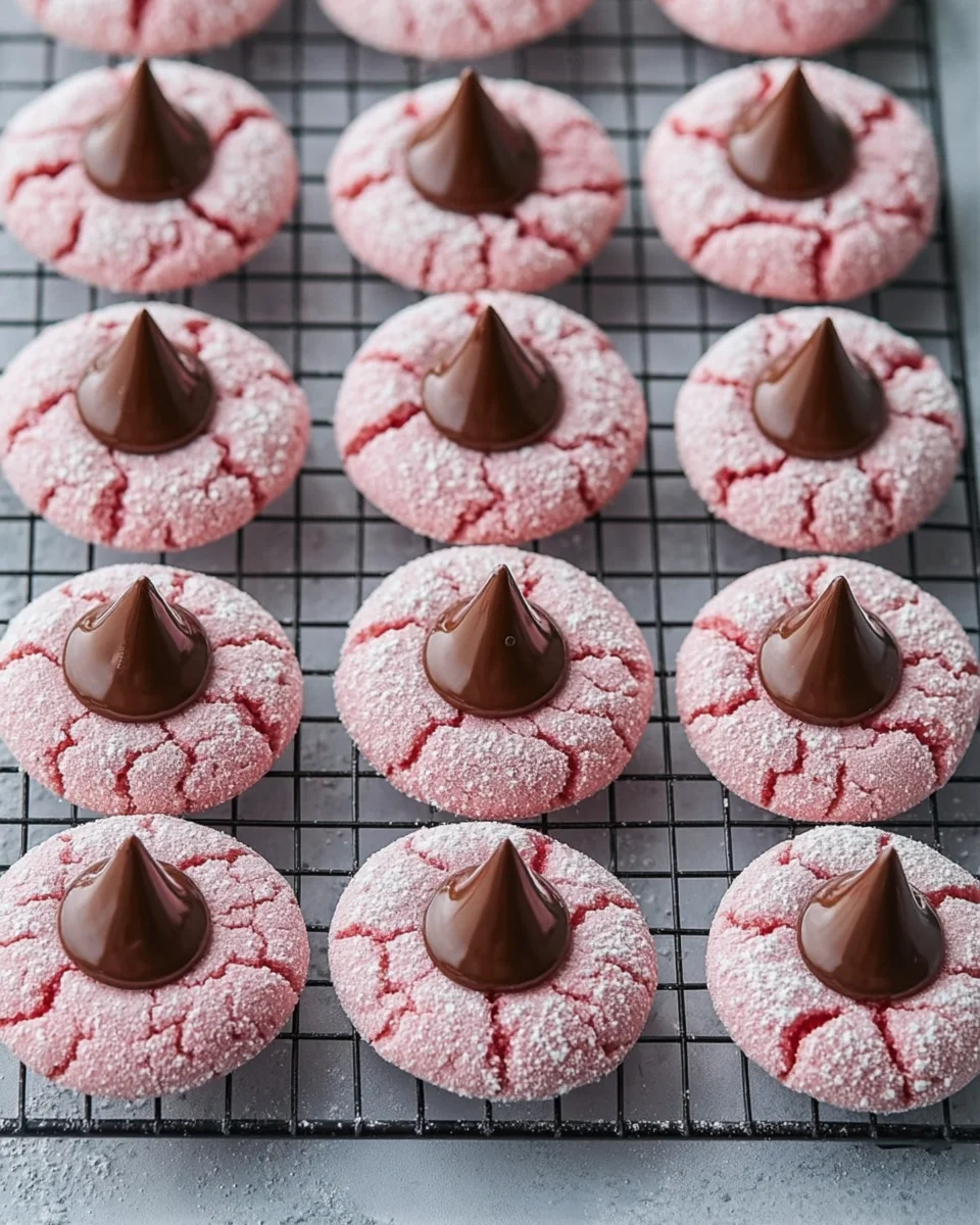 Rows of Strawberry Kiss cookies lined up on a cooling rack. Each pink cookie is topped with a chocolate Hershey's Kiss and a dusting of powdered sugar, creating a beautiful and festive treat, perfect for Valentine’s Day, bridal showers, or holiday baking inspiration.
