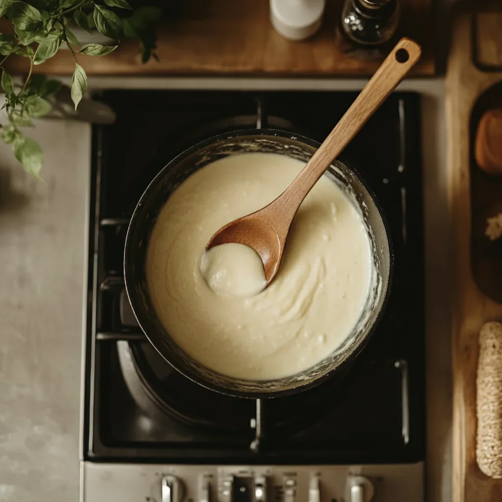 A saucepan filled with creamy mashed potatoes, with a wooden spoon inside, on a stovetop surrounded by kitchen items.