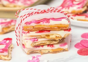 valentine's day crack tied with wax paper and striped bakers twine