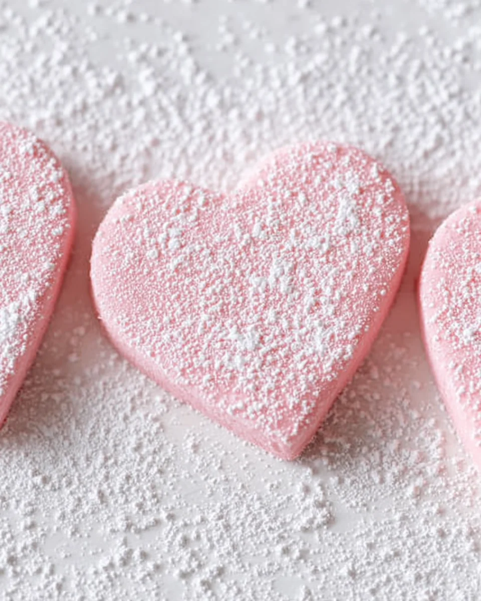 valentine sugar cookies made with pink cookie dough, cut into heart shapes, and sprinkled with powdered sugar