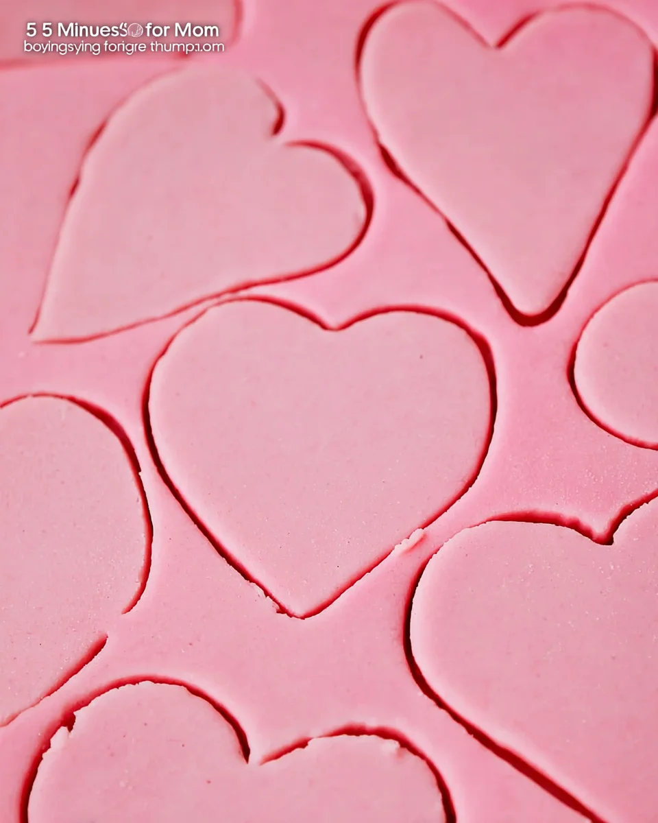 Pink cookie dough with heart shaped cut-outs to make fast and easy valentines day cookies