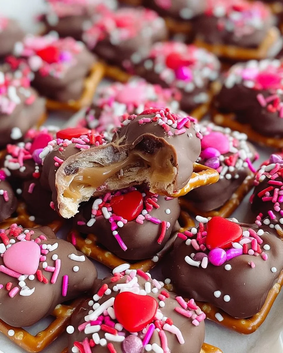 Caramel Pretzel Bites recipe with a Valentine's Day twist. Pretzel, caramel Rolo candy, m&m's, and heart shaped sprinkles. 