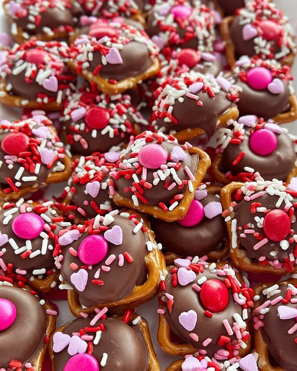 Valentines Day treat recipe of caramel pretzel bites with a pink m&m and sprinkles. 