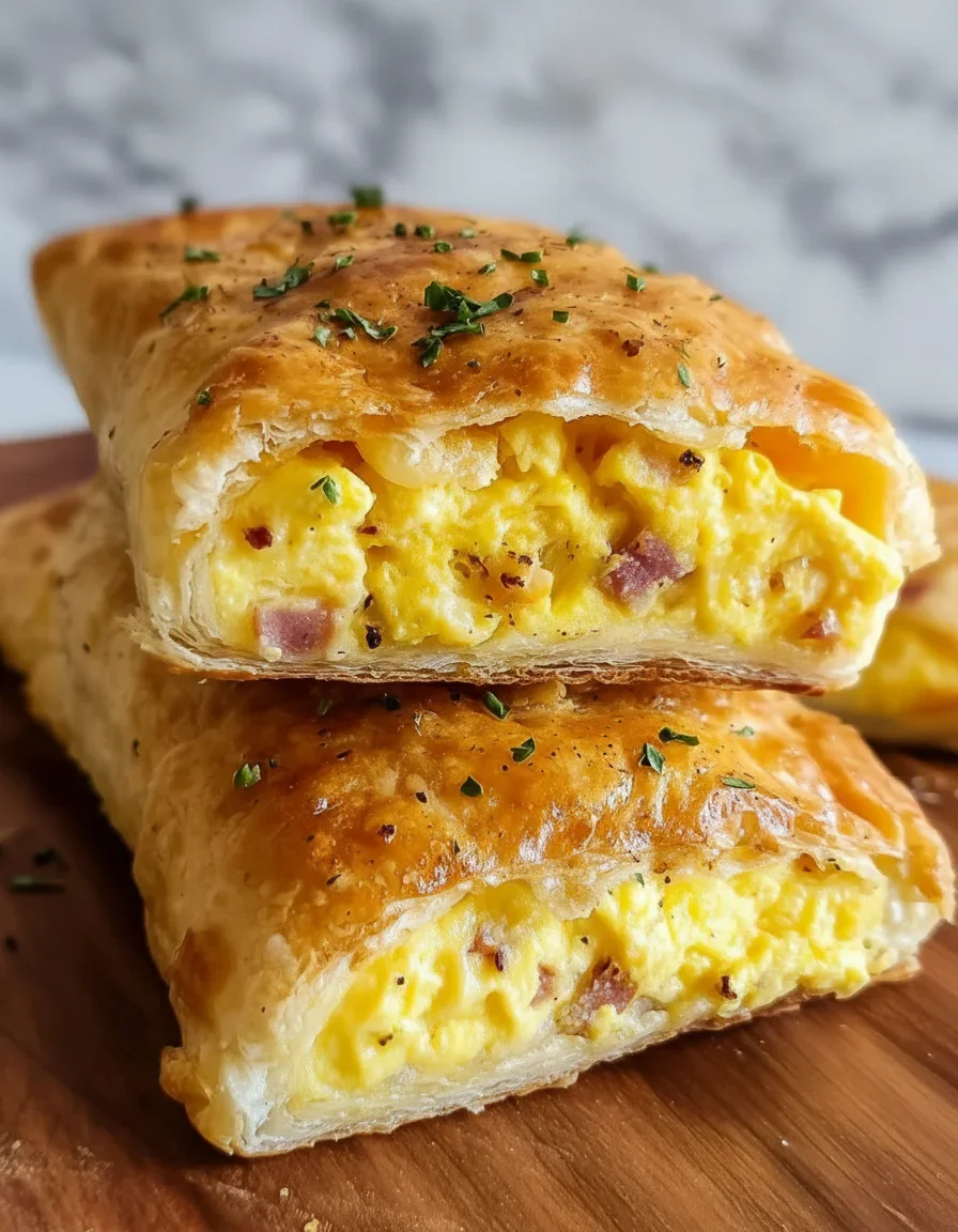Two breakfast burritos with scrambled eggs, ham, and cheese, garnished with herbs on a wooden board.
