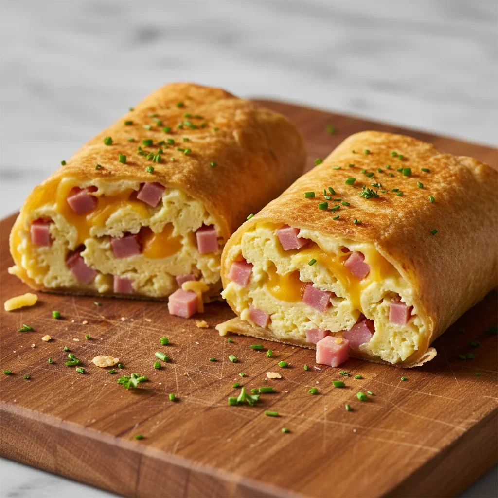 Two sliced breakfast burritos filled with scrambled eggs, ham, and cheese on a wooden board.