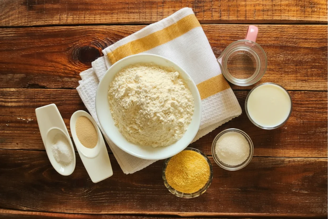 1-1.jpg Assorted baking ingredients including flour, yeast, salt, liquids, and cornmeal on a rustic wooden table.