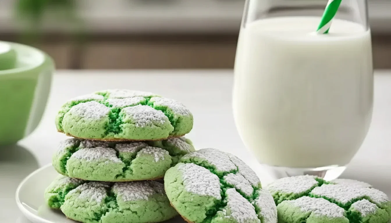 Stack of green cookies dusted with powdered sugar next to a glass of milk with a striped straw.