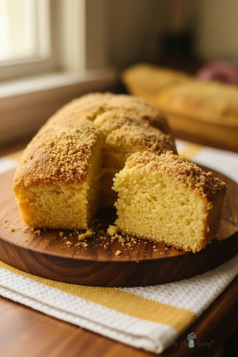 12-1.jpg Close-up of a golden, nut-topped cake on a wooden board with a checkered cloth background.
