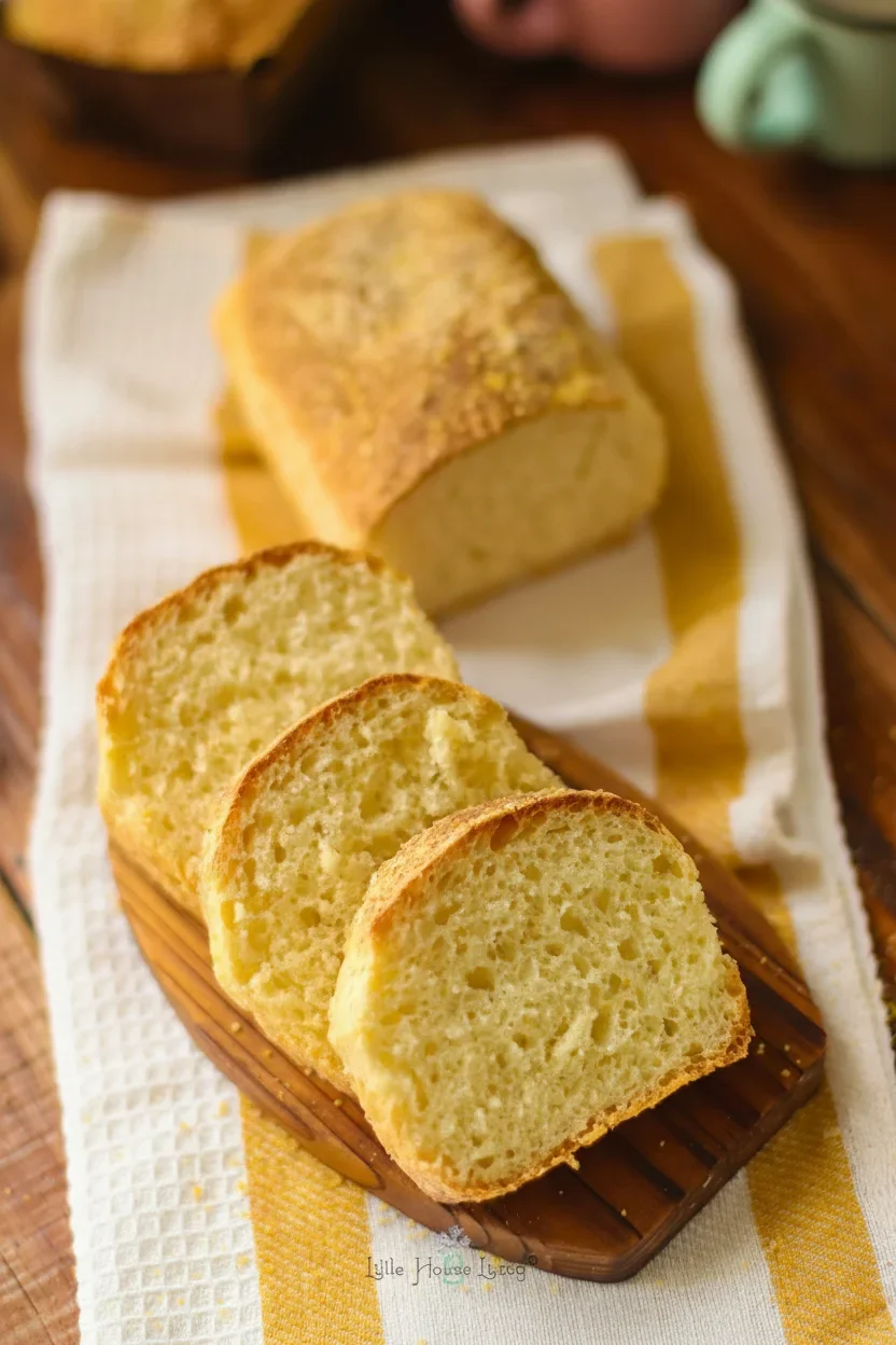 15-1.jpg Slices of freshly baked bread with a golden crust and soft interior on a wooden board with a checkered cloth.