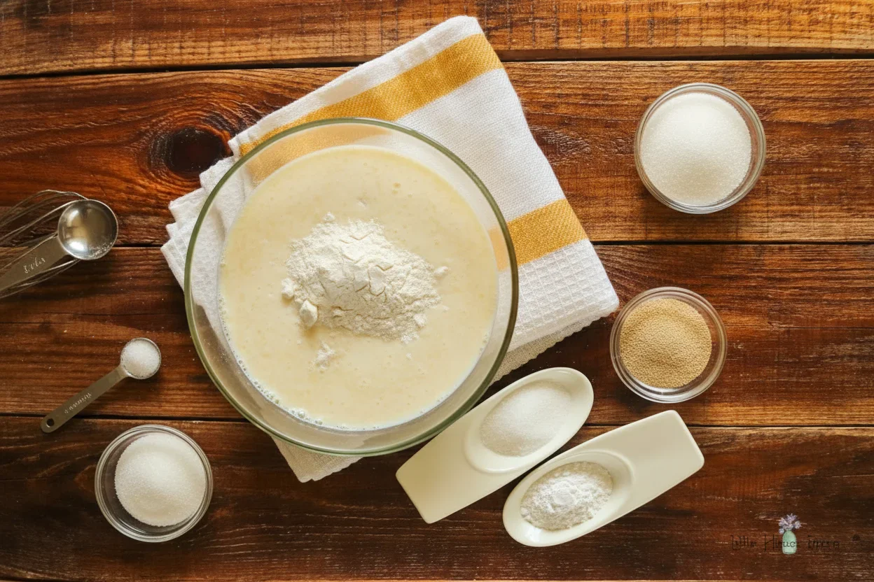 2-3.jpg Baking ingredients including milk, flour, sugar, and yeast arranged on a wooden surface for a recipe.