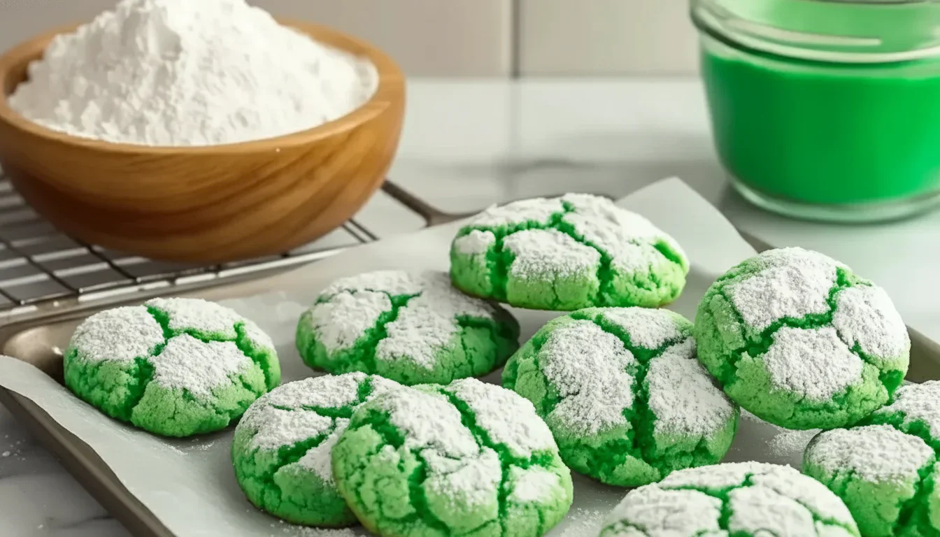 Bright green cookies with powdered sugar on a tray, with flour and icing bowls in the background.
