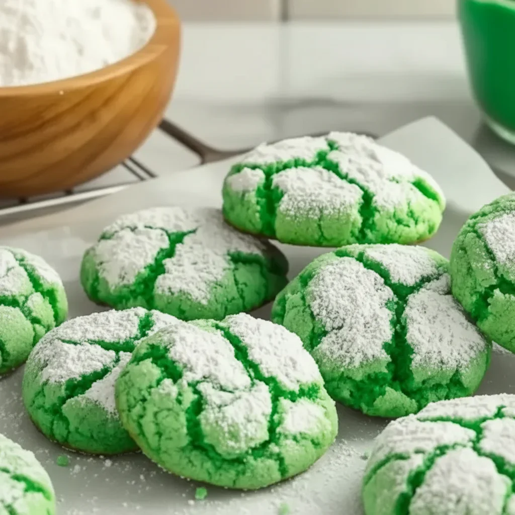 Close-up of green cookies with cracked surfaces, dusted with powdered sugar, on a white surface with a wooden bowl and green jar in background.