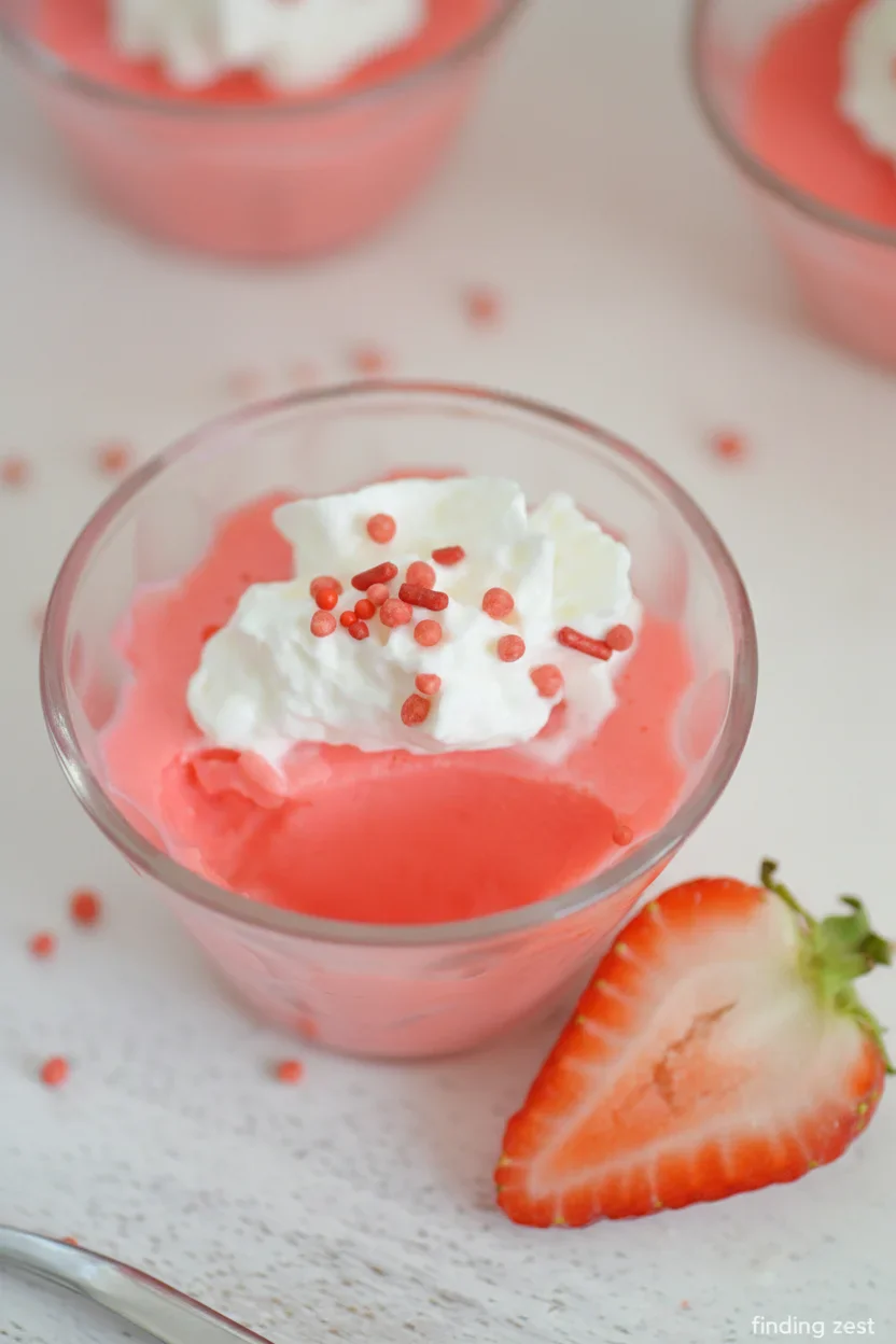 A glass cup filled with pink strawberry dessert topped with whipped cream and red sprinkles, with a halved strawberry nearby.