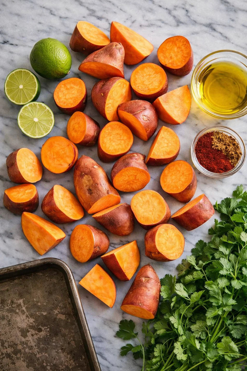 211129_DAMN-DELICIOUS_Roasted-Sweet-Potatoes_116-760x1140.jpg Sliced orange-fleshed sweet potatoes with purple skins, lime halves, cilantro, oil, and spice bowls on a marble counter.