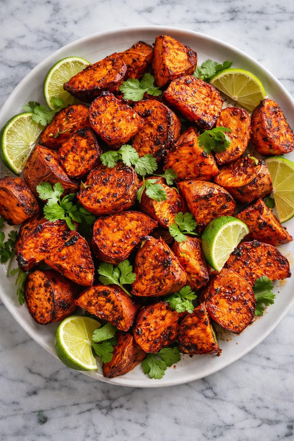 211129_DAMN-DELICIOUS_Roasted-Sweet-Potatoes_144-760x1140.jpg Plate of spiced roasted sweet potato wedges with cilantro and lime on marble surface