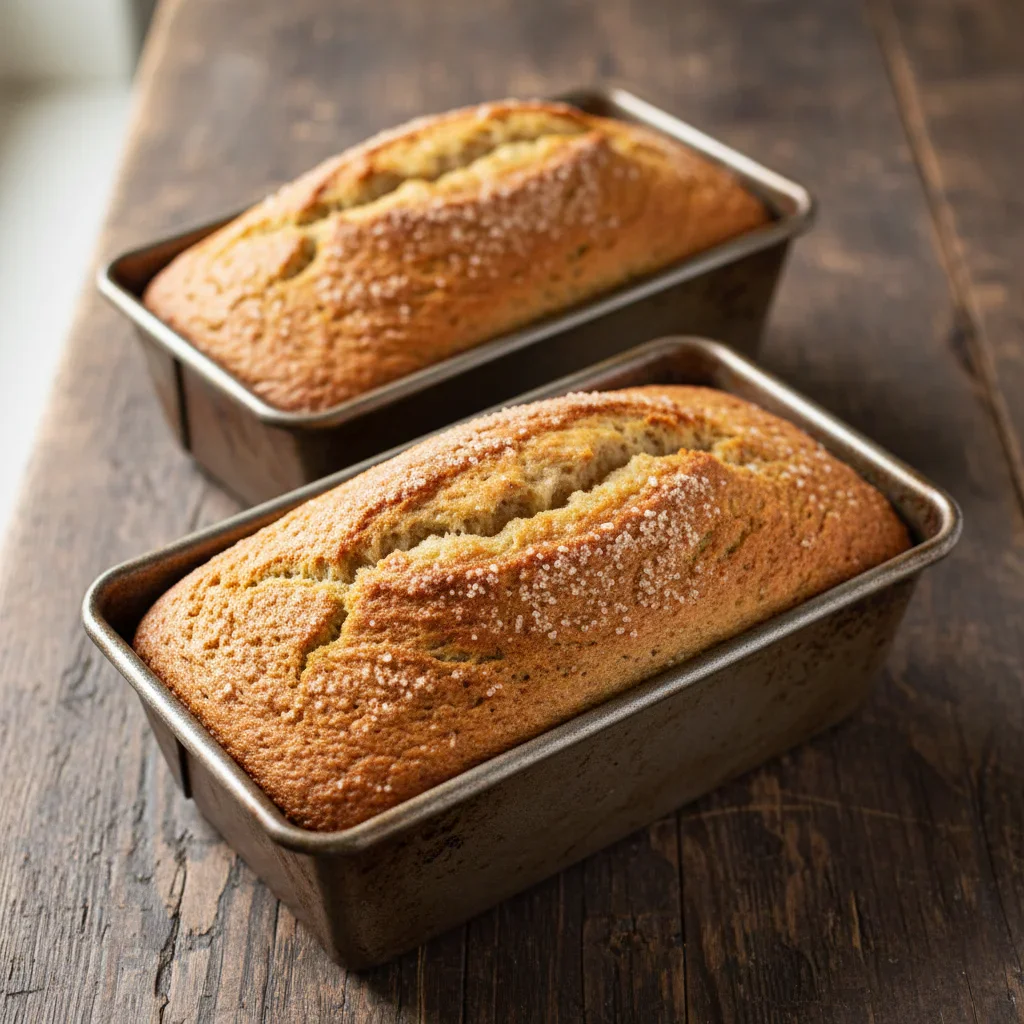 4-3-150x150.jpg Two golden-brown banana bread loaves in metal pans on a wooden surface.