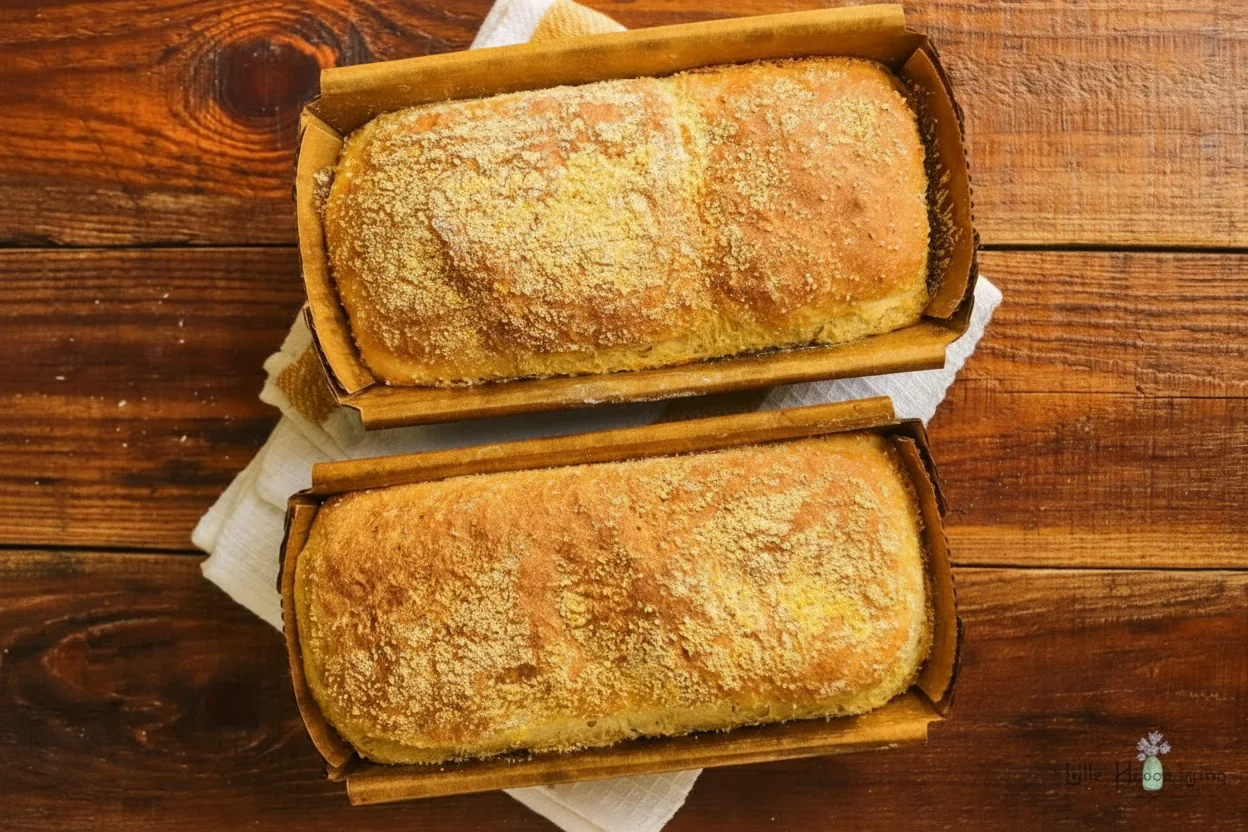 4-3.jpg Two golden-brown loaves of bread in wooden molds on a rustic wooden table.
