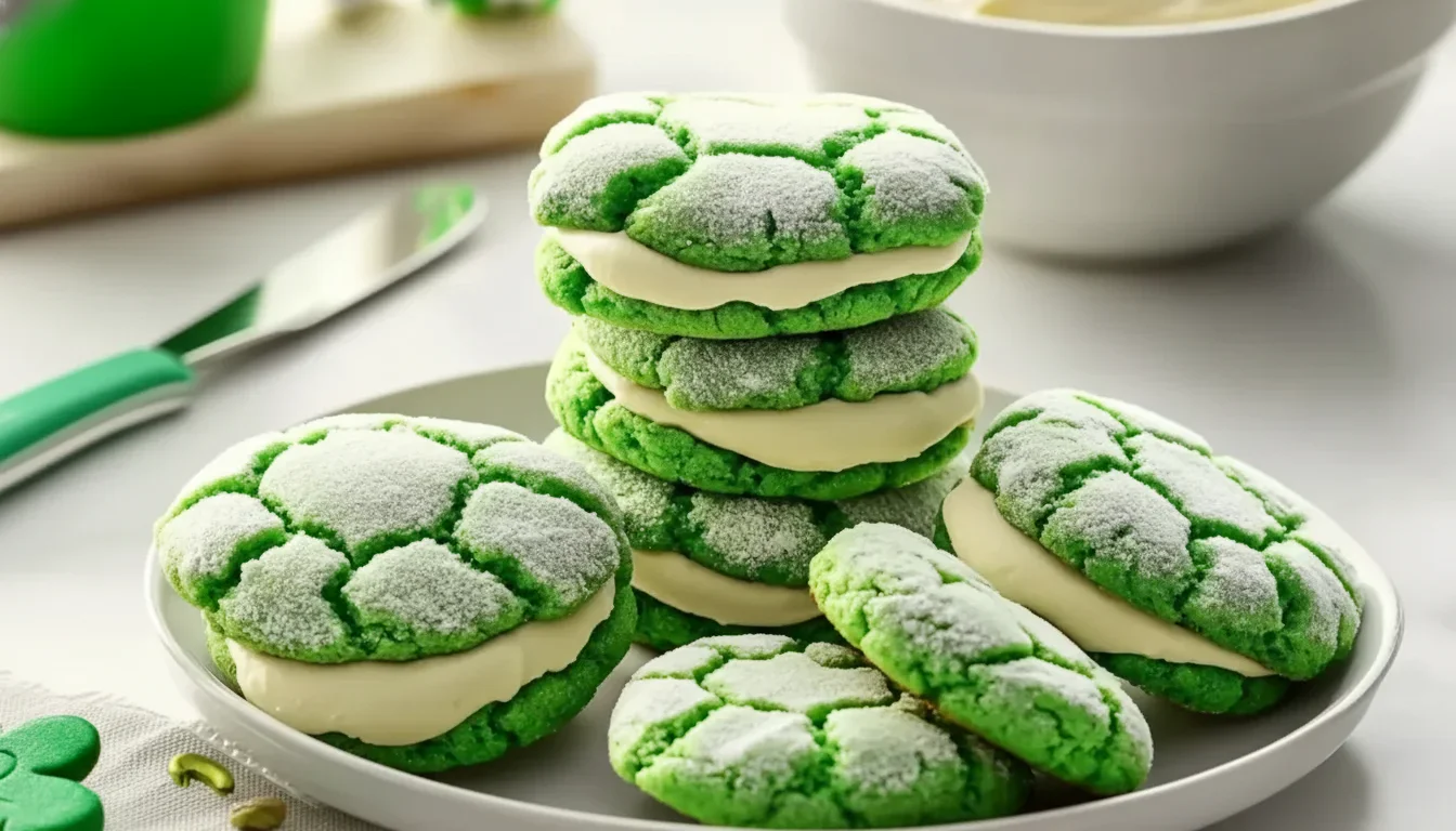 Plate of green cookies with powdered sugar and white filling, set on a white surface with baking tools in background.