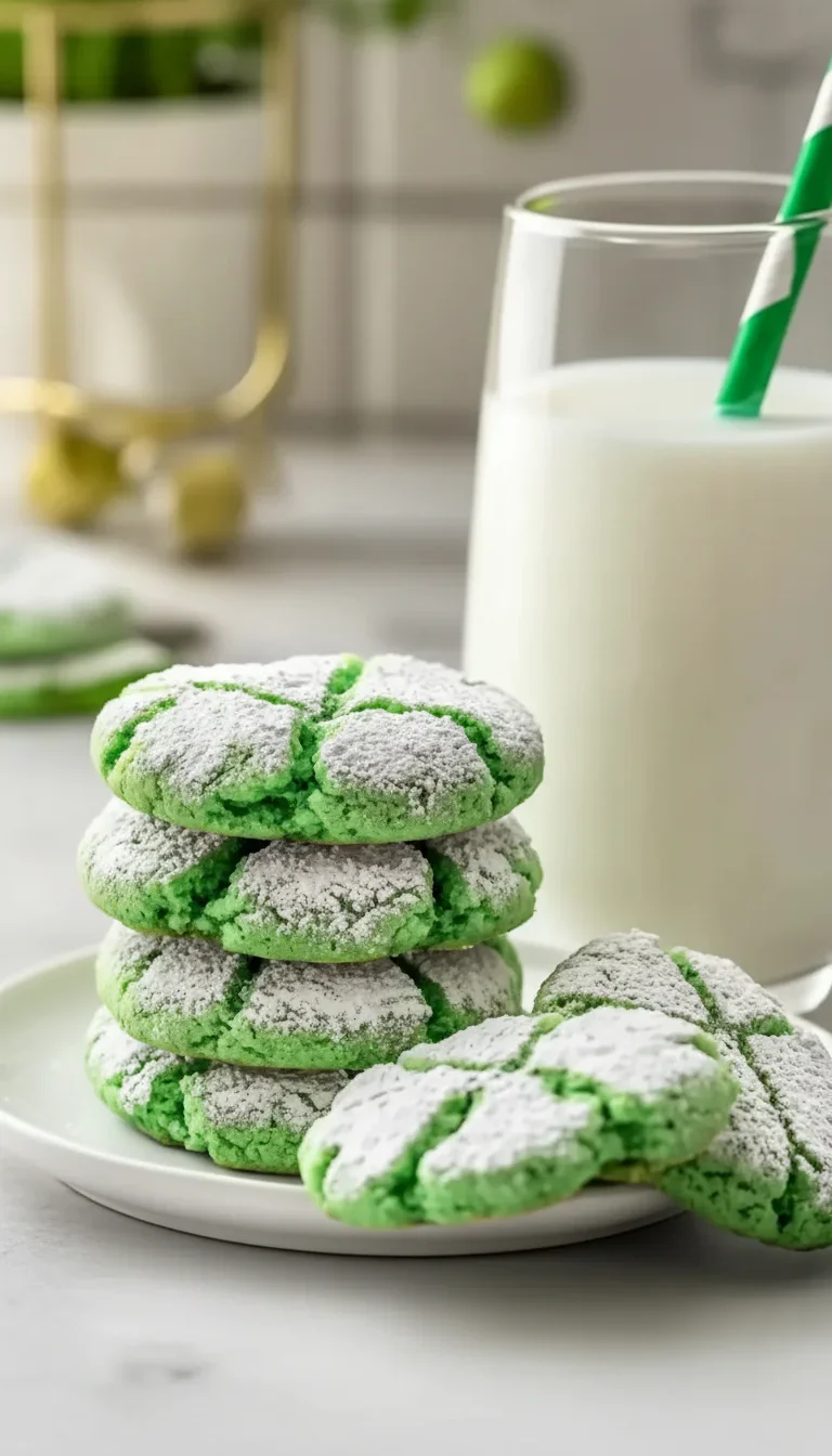 Stack of green cookies dusted with powdered sugar next to a glass of milk with a striped straw.