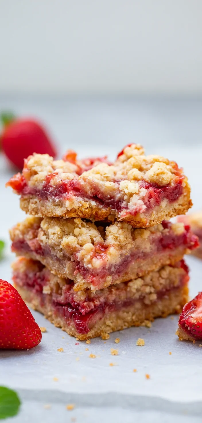 54.png Stack of three strawberry oatmeal crumble bars with crumbly topping and strawberry filling visible