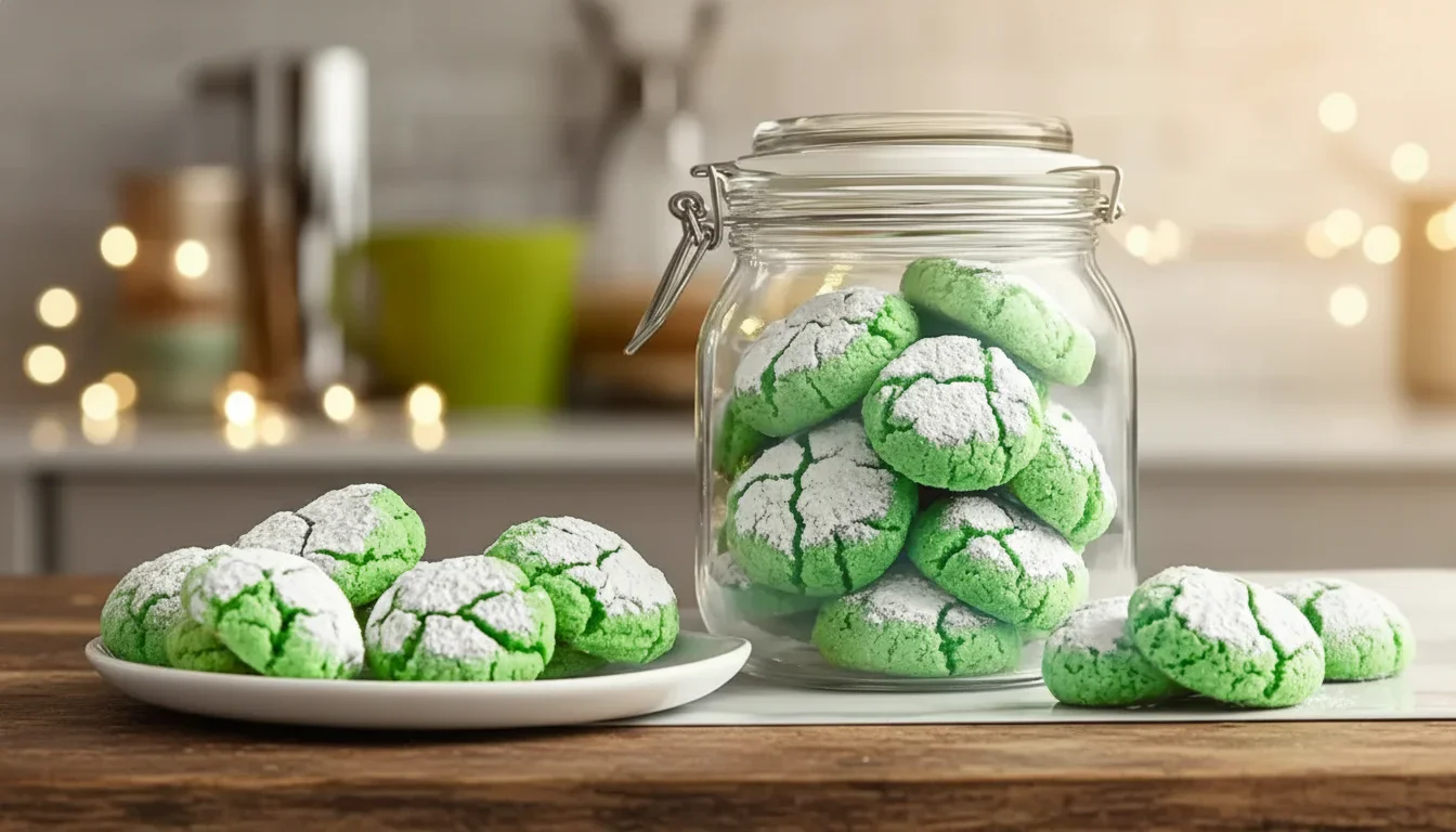 Green cookies with powdered sugar in a glass jar and on a white plate, in a cozy kitchen setting.