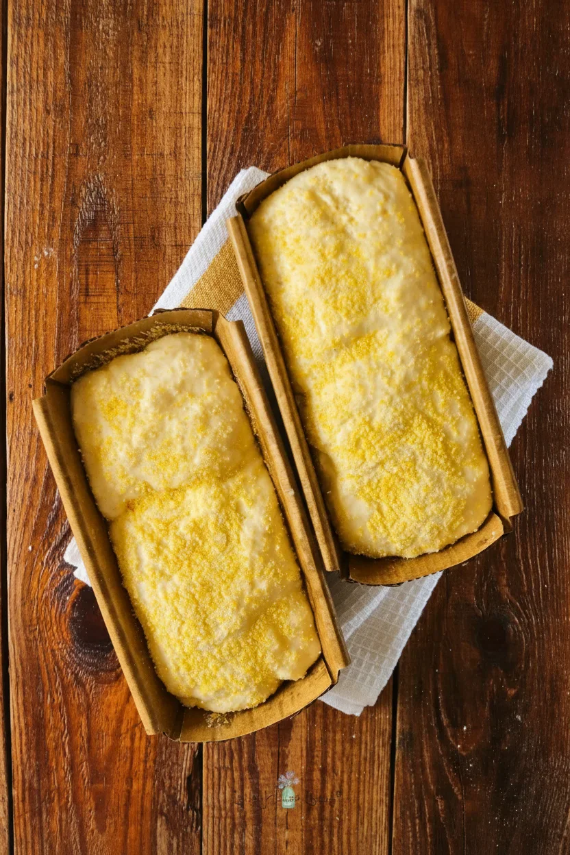 7-1-1.jpg Two wooden containers filled with creamy yellow dessert topped with yellow crumbs, on a rustic wooden table.