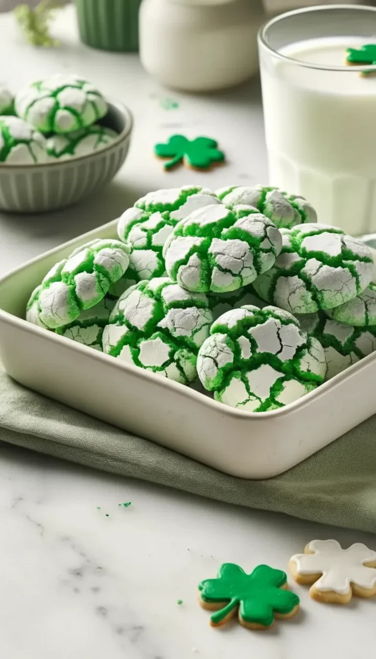 Cracked green and white cookies in a white dish with a glass of milk and shamrock decorations in the background.