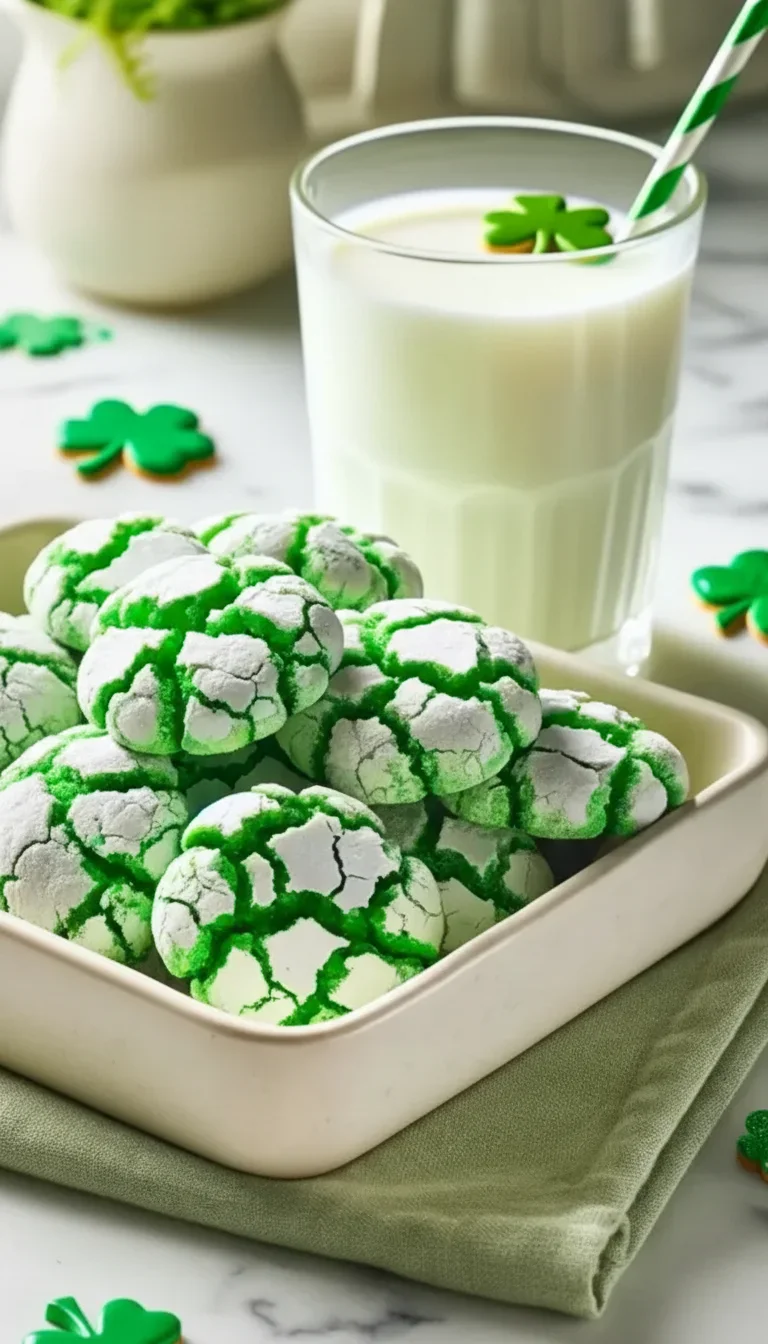 Green and white cracked cookies in a dish with a glass of milk and shamrock decoration.