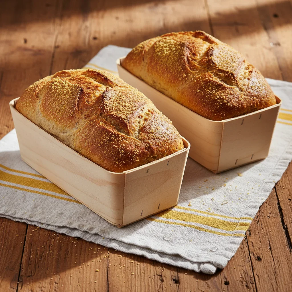 9-3.jpg Two golden-brown bread loaves in wooden molds with a yellow topping, on a white cloth over a wooden surface.