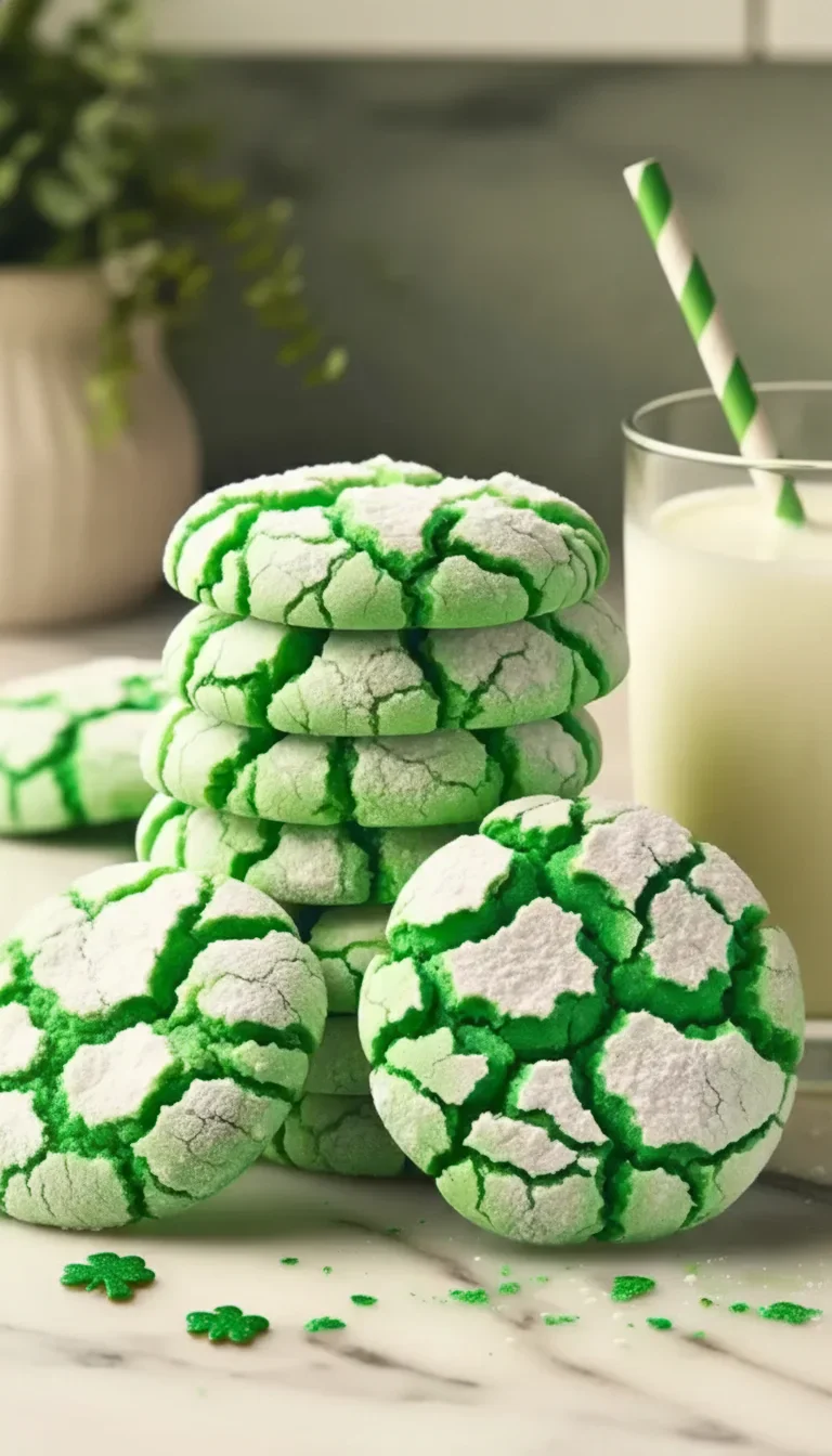 Stack of green and white cracked cookies with a glass of pale yellow drink in the background.