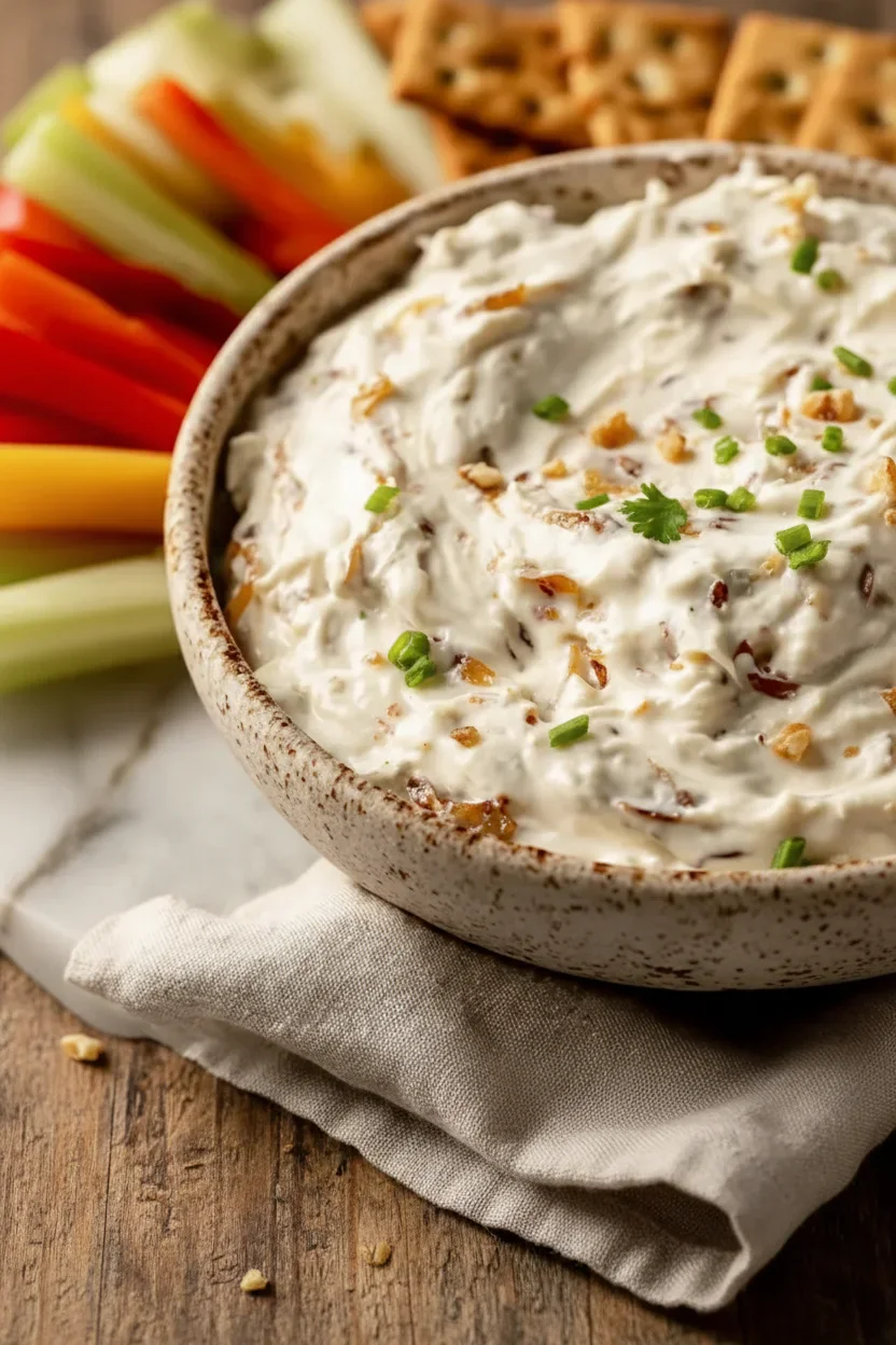 9ffbb1626765482b830098fdd1a5c66c.webp Close-up of a ceramic bowl filled with creamy dip topped with nuts, with colorful vegetable sticks in the background.