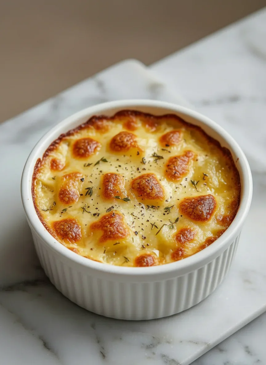 Baked potato gratin with melted cheese and crispy top in a white ramekin on marble surface.