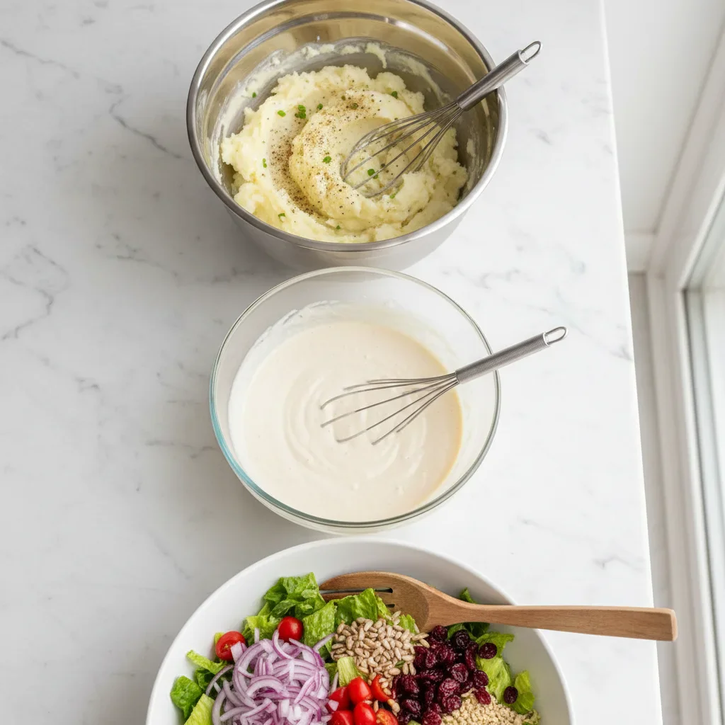 Blank-1500-x-700-copy-220-1024x478.webp Triptych of salad preparation: mashed potatoes, creamy dressing, and mixed salad ingredients in bowls.