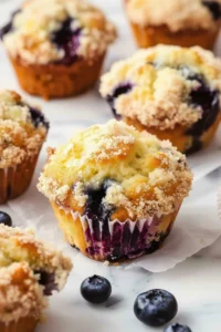 Fresh blueberry crumb muffins with streusel topping and blueberries inside, on a white marble surface.