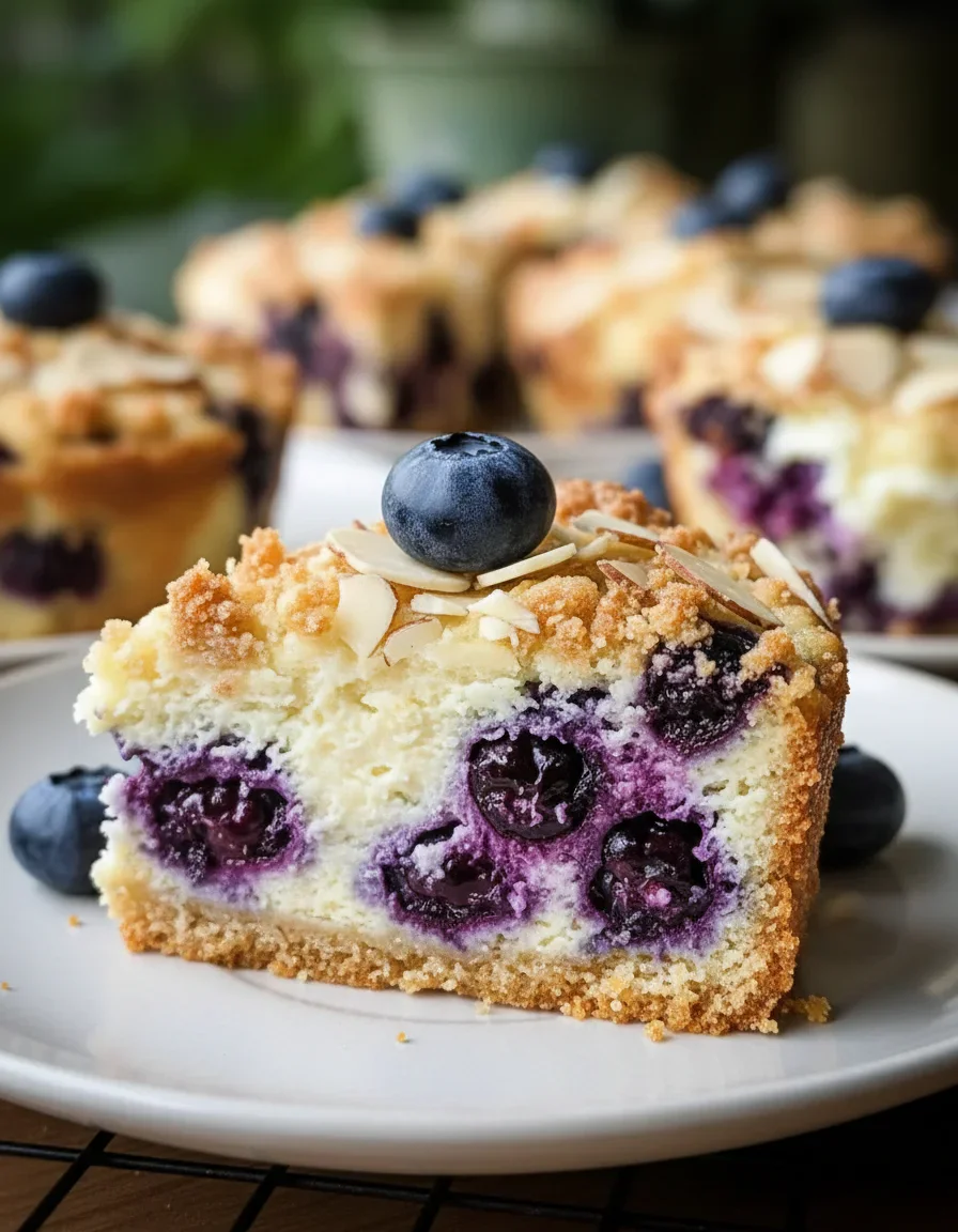 Close-up of a blueberry cheesecake slice with almonds and a blueberry on top, with more slices in the background.