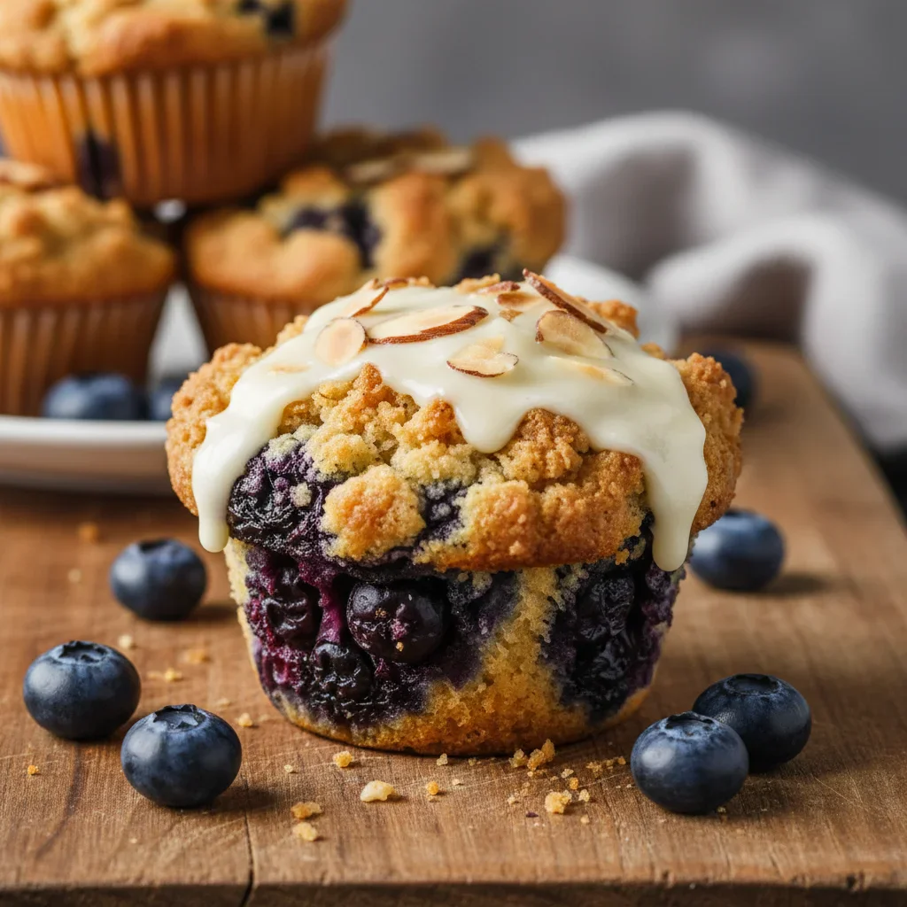 Close-up of a blueberry muffin topped with sliced almonds and white frosting, with blueberries around it.