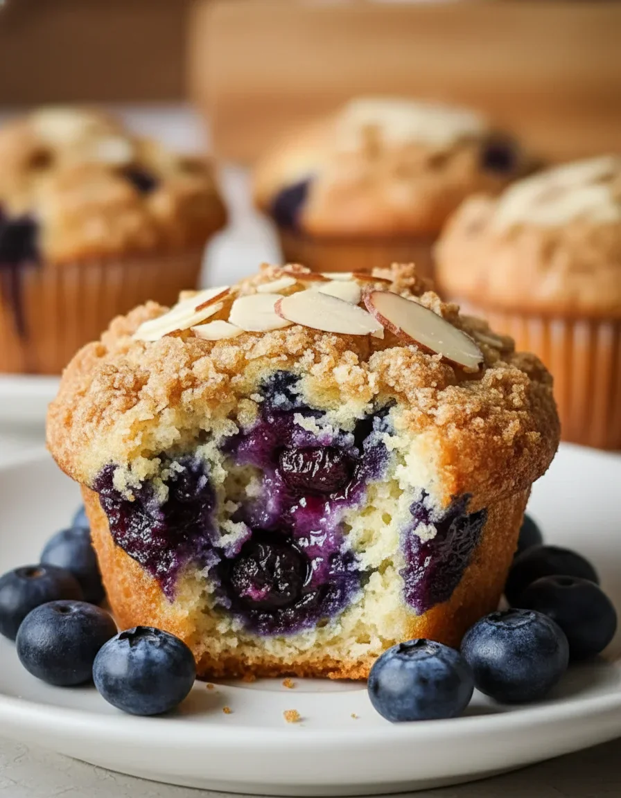 Close-up of a blueberry muffin topped with sliced almonds and surrounded by fresh blueberries.